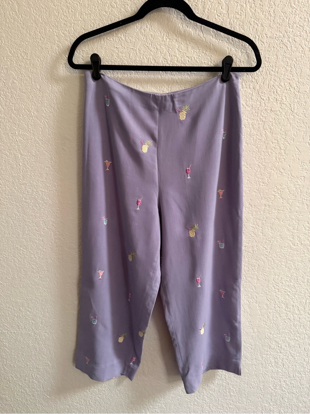 Women's Lavender Cropped Pants w/ Cocktail Embroidery Silk/Cotton Blend Side Zip